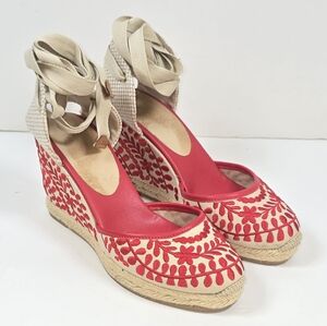 Aldo Muschino Red Embroidered Wedge Espadrilles Sandals Lace Up Straps Sz. 8.5